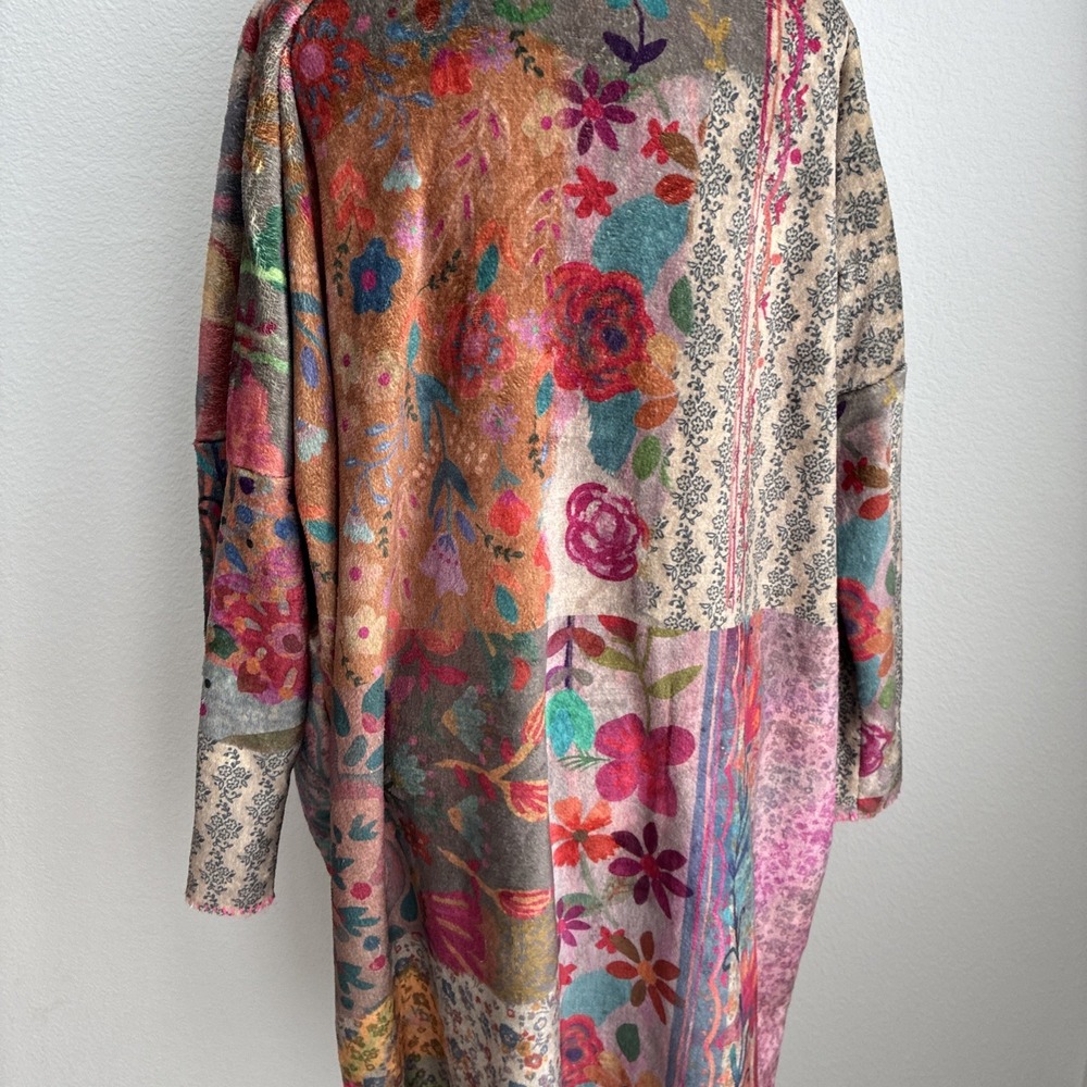 Natural Life Long Cozy Patchwork Blanket Kimono Pink Trim S/M Sherpa Lined Boho - Picture 10 of 16